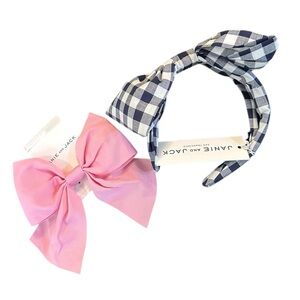 NWT Janie & Jack Hair Accessory Set Pink Bow Navy/White Gingham Headband